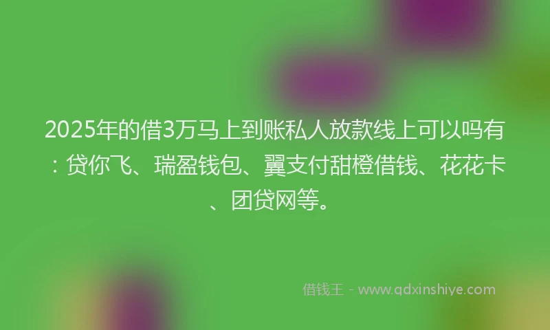 2025年的借3万马上到账私人放款线上可以吗有：贷你飞、瑞盈钱包、翼支付甜橙借钱、花花卡、团贷网等。