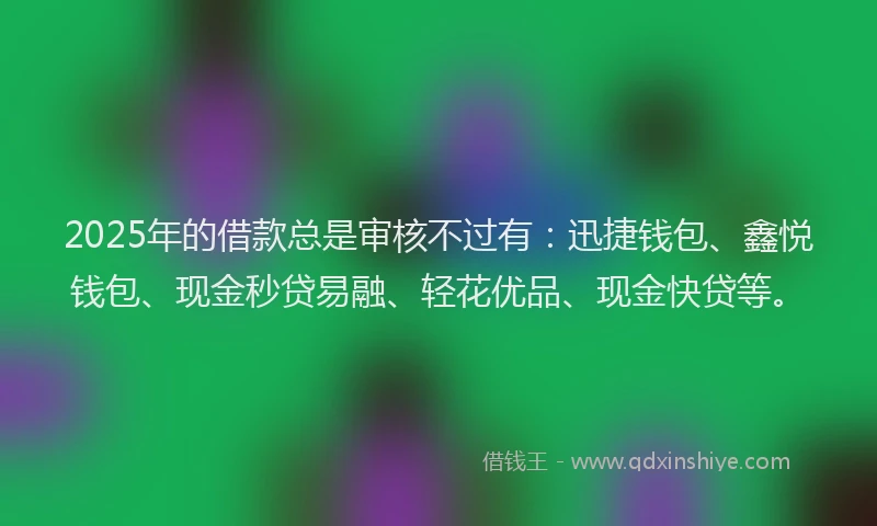 2025年的借款总是审核不过有：迅捷钱包、鑫悦钱包、现金秒贷易融、轻花优品、现金快贷等。
