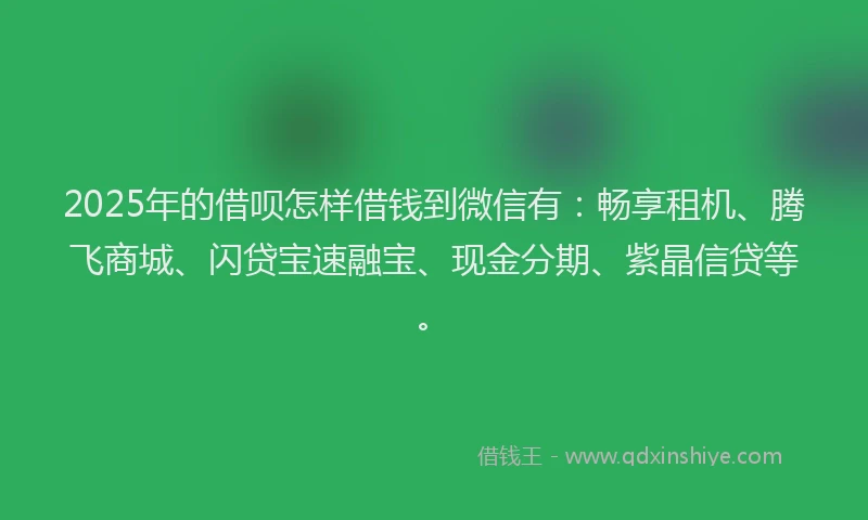 2025年的借呗怎样借钱到微信有：畅享租机、腾飞商城、闪贷宝速融宝、现金分期、紫晶信贷等。