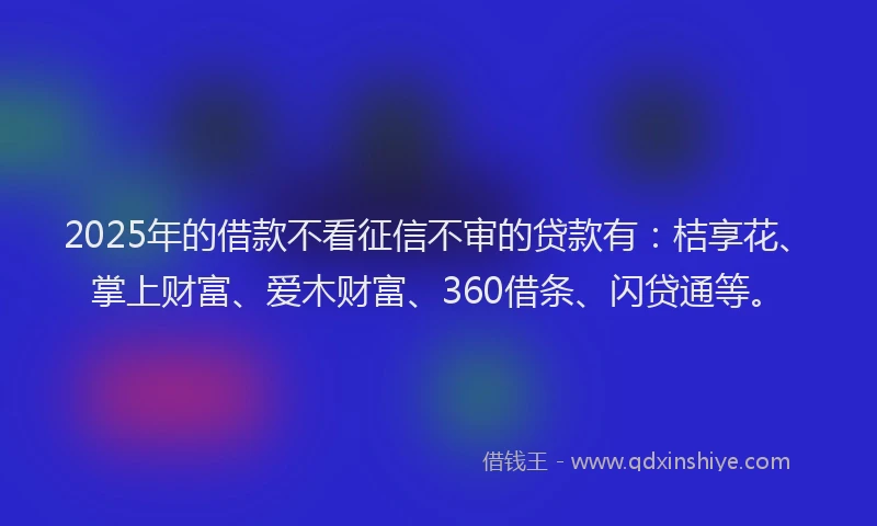 2025年的借款不看征信不审的贷款有：桔享花、掌上财富、爱木财富、360借条、闪贷通等。