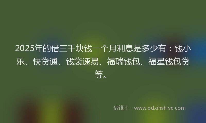 2025年的借三千块钱一个月利息是多少有：钱小乐、快贷通、钱袋速易、福瑞钱包、福星钱包贷等。