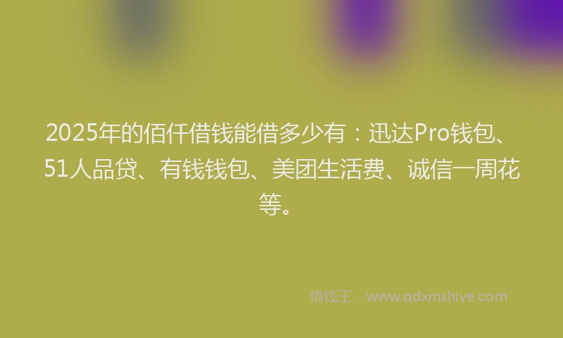 2025年的佰仟借钱能借多少有：迅达Pro钱包、51人品贷、有钱钱包、美团生活费、诚信一周花等。