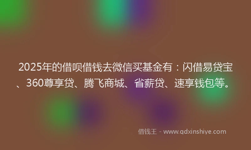 2025年的借呗借钱去微信买基金有：闪借易贷宝、360尊享贷、腾飞商城、省薪贷、速享钱包等。
