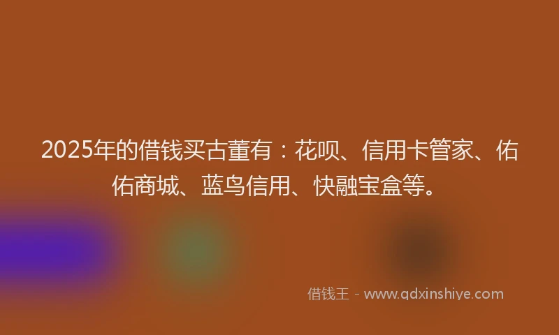 2025年的借钱买古董有：花呗、信用卡管家、佑佑商城、蓝鸟信用、快融宝盒等。