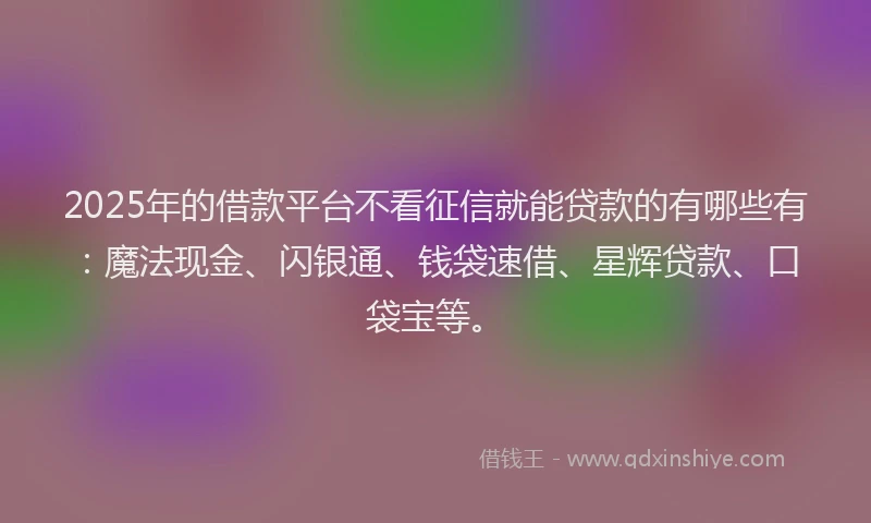 2025年的借款平台不看征信就能贷款的有哪些有：魔法现金、闪银通、钱袋速借、星辉贷款、口袋宝等。