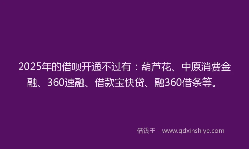 2025年的借呗开通不过有：葫芦花、中原消费金融、360速融、借款宝快贷、融360借条等。