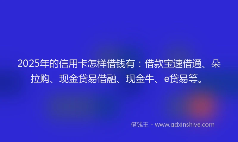 2025年的信用卡怎样借钱有：借款宝速借通、朵拉购、现金贷易借融、现金牛、e贷易等。