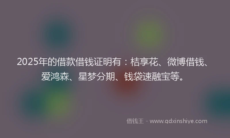 2025年的借款借钱证明有：桔享花、微博借钱、爱鸿森、星梦分期、钱袋速融宝等。