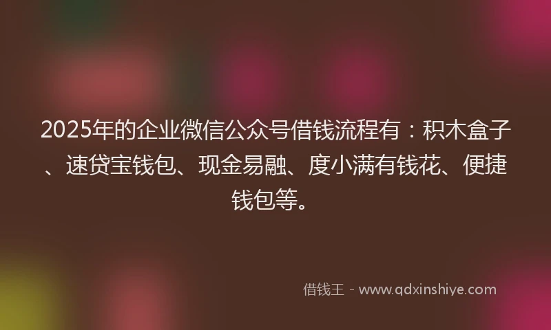 2025年的企业微信公众号借钱流程有：积木盒子、速贷宝钱包、现金易融、度小满有钱花、便捷钱包等。