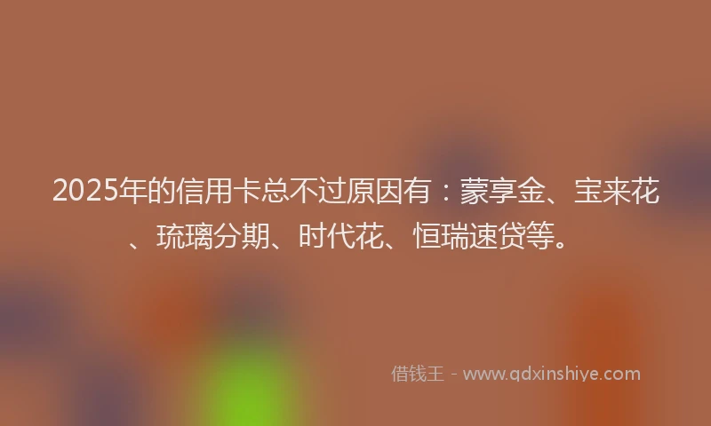 2025年的信用卡总不过原因有：蒙享金、宝来花、琉璃分期、时代花、恒瑞速贷等。