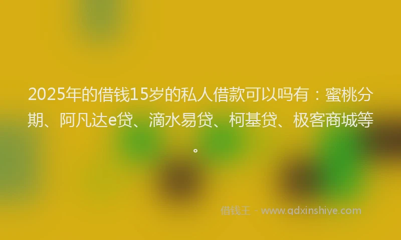 2025年的借钱15岁的私人借款可以吗有：蜜桃分期、阿凡达e贷、滴水易贷、柯基贷、极客商城等。
