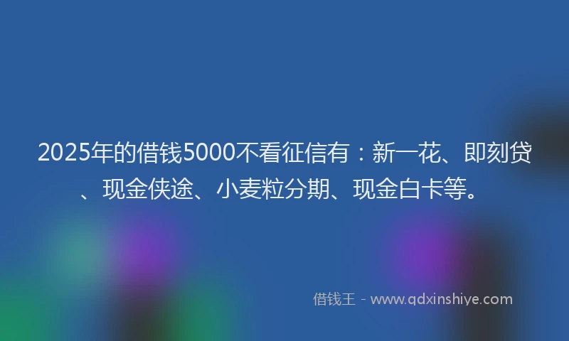 2025年的借钱5000不看征信有：新一花、即刻贷、现金侠途、小麦粒分期、现金白卡等。