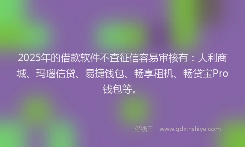 2025年的借款软件不查征信容易审核有：大利商城、玛瑙信贷、易捷钱包、畅享租机、畅贷宝Pro钱包等。