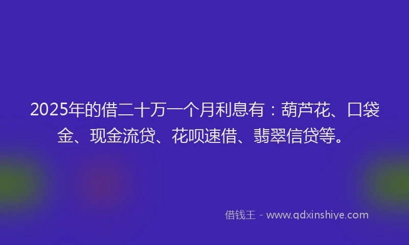 2025年的借二十万一个月利息有：葫芦花、口袋金、现金流贷、花呗速借、翡翠信贷等。