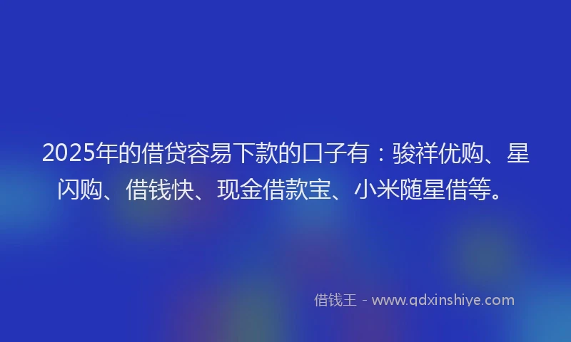 2025年的借贷容易下款的口子有：骏祥优购、星闪购、借钱快、现金借款宝、小米随星借等。