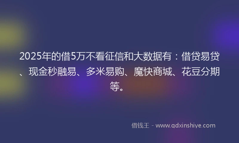 2025年的借5万不看征信和大数据有：借贷易贷、现金秒融易、多米易购、魔快商城、花豆分期等。