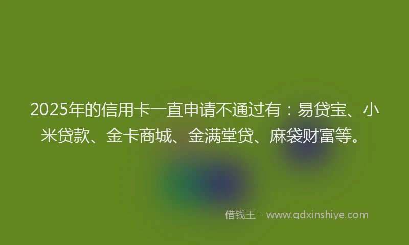 2025年的信用卡一直申请不通过有：易贷宝、小米贷款、金卡商城、金满堂贷、麻袋财富等。