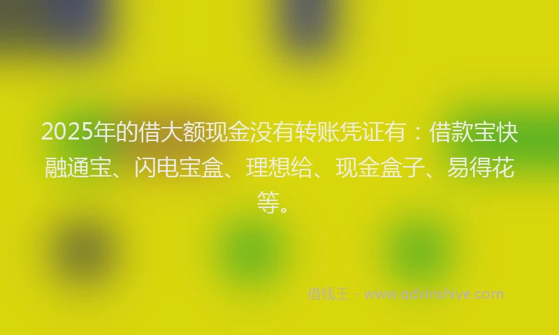2025年的借大额现金没有转账凭证有：借款宝快融通宝、闪电宝盒、理想给、现金盒子、易得花等。