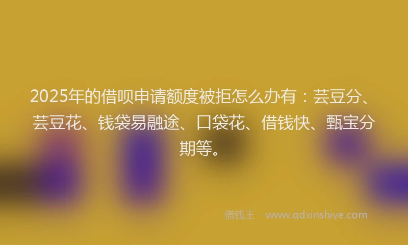 2025年的借呗申请额度被拒怎么办有：芸豆分、芸豆花、钱袋易融途、口袋花、借钱快、甄宝分期等。