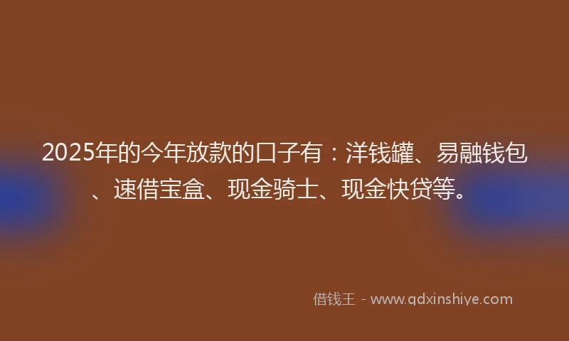 2025年的今年放款的口子有：洋钱罐、易融钱包、速借宝盒、现金骑士、现金快贷等。