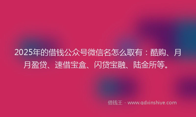 2025年的借钱公众号微信名怎么取有：酷购、月月盈贷、速借宝盒、闪贷宝融、陆金所等。