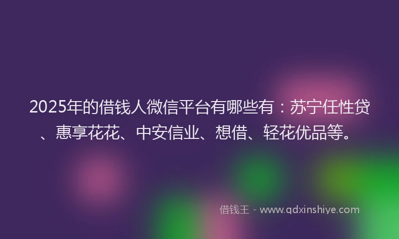2025年的借钱人微信平台有哪些有：苏宁任性贷、惠享花花、中安信业、想借、轻花优品等。