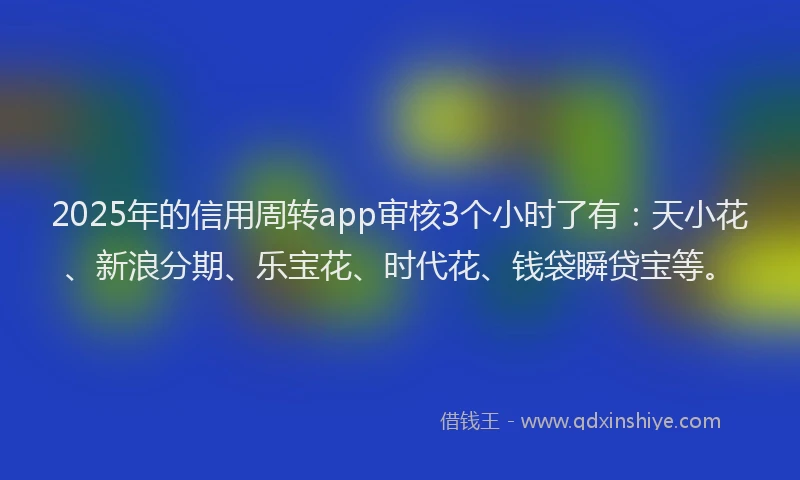2025年的信用周转app审核3个小时了有：天小花、新浪分期、乐宝花、时代花、钱袋瞬贷宝等。