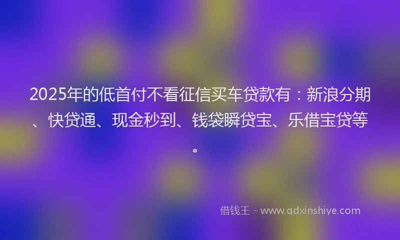 2025年的低首付不看征信买车贷款有：新浪分期、快贷通、现金秒到、钱袋瞬贷宝、乐借宝贷等。