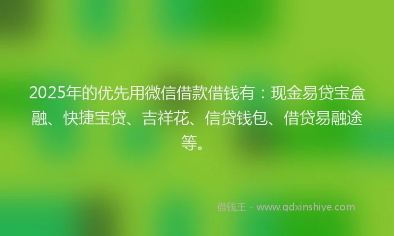 2025年的优先用微信借款借钱有：现金易贷宝盒融、快捷宝贷、吉祥花、信贷钱包、借贷易融途等。