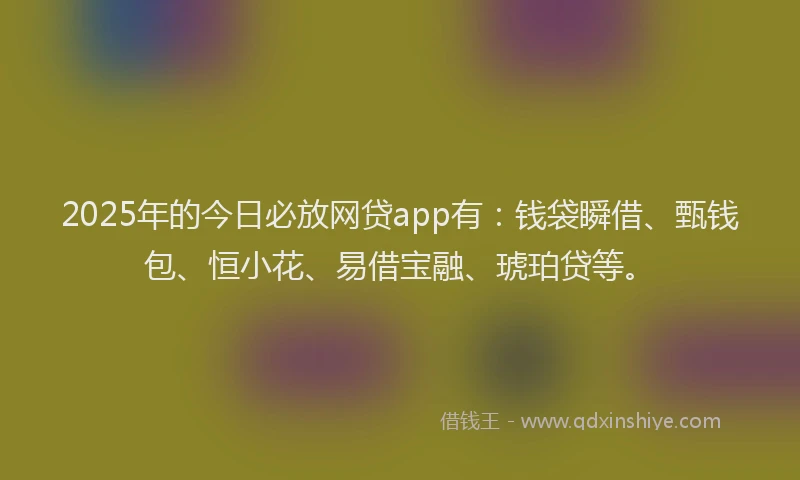 2025年的今日必放网贷app有：钱袋瞬借、甄钱包、恒小花、易借宝融、琥珀贷等。