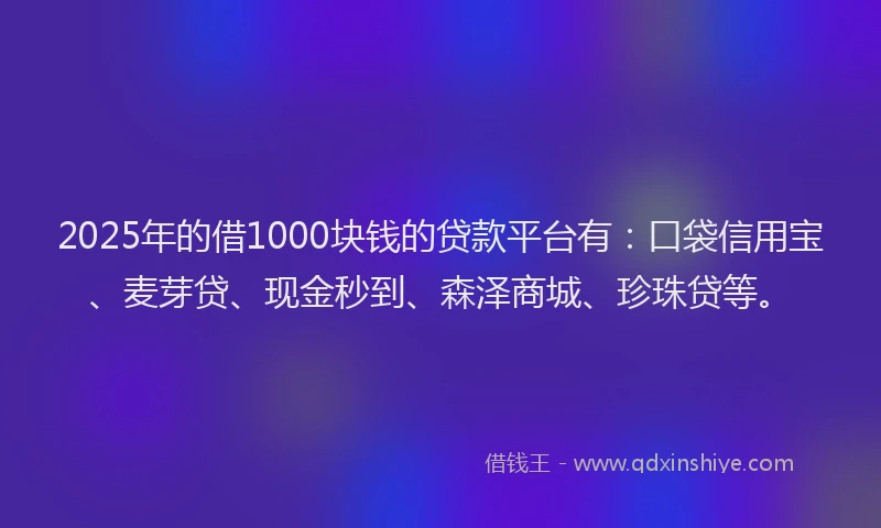 2025年的借1000块钱的贷款平台有：口袋信用宝、麦芽贷、现金秒到、森泽商城、珍珠贷等。