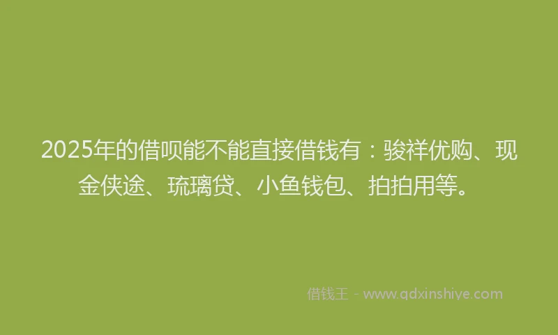 2025年的借呗能不能直接借钱有：骏祥优购、现金侠途、琉璃贷、小鱼钱包、拍拍用等。