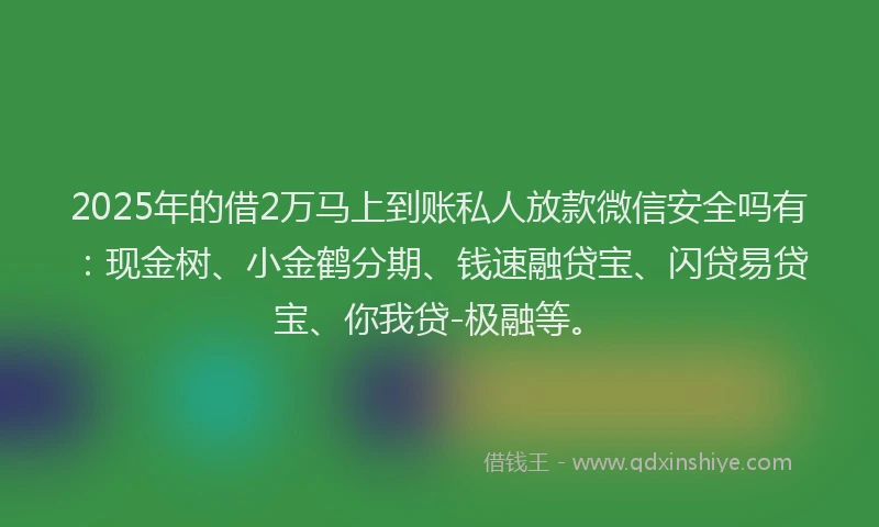 2025年的借2万马上到账私人放款微信安全吗有：现金树、小金鹤分期、钱速融贷宝、闪贷易贷宝、你我贷-极融等。