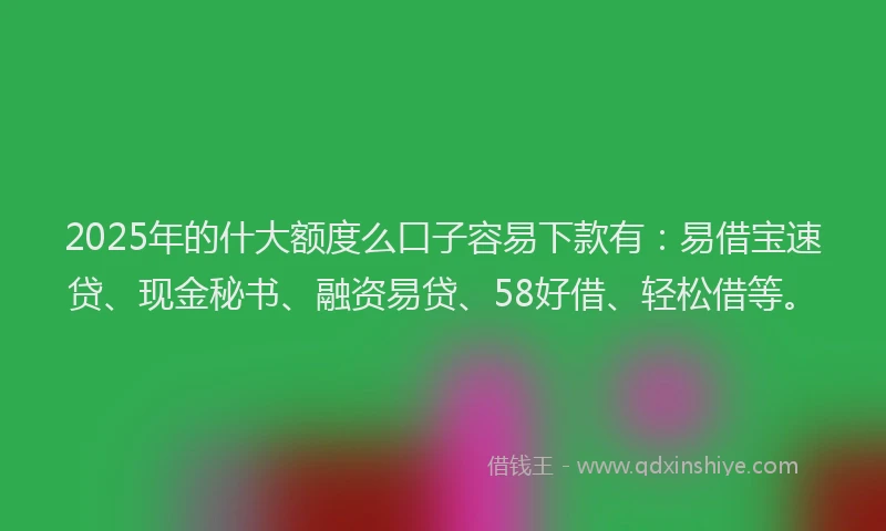 2025年的什大额度么口子容易下款有：易借宝速贷、现金秘书、融资易贷、58好借、轻松借等。