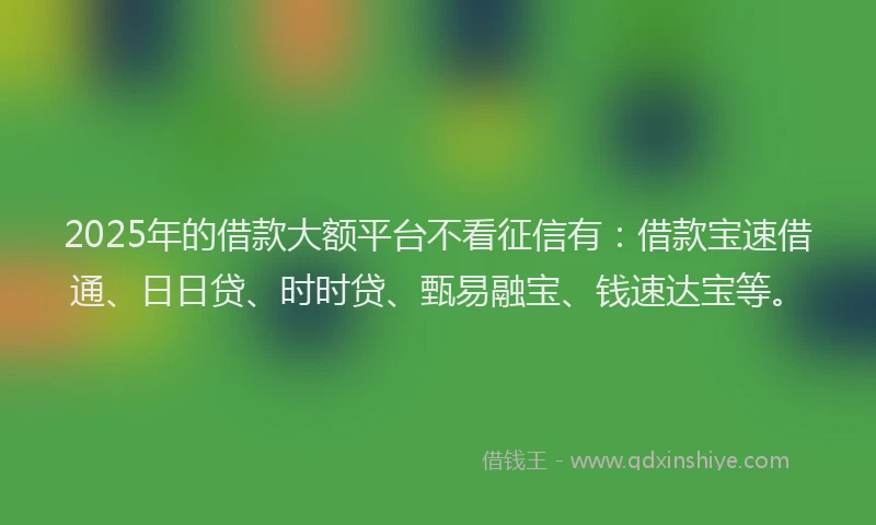 2025年的借款大额平台不看征信有：借款宝速借通、日日贷、时时贷、甄易融宝、钱速达宝等。