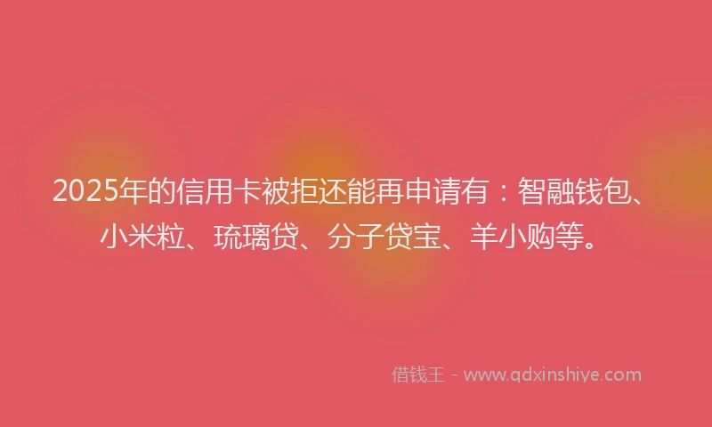 2025年的信用卡被拒还能再申请有：智融钱包、小米粒、琉璃贷、分子贷宝、羊小购等。