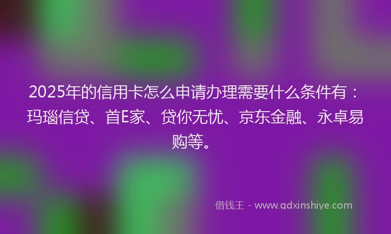 2025年的信用卡怎么申请办理需要什么条件有：玛瑙信贷、首E家、贷你无忧、京东金融、永卓易购等。