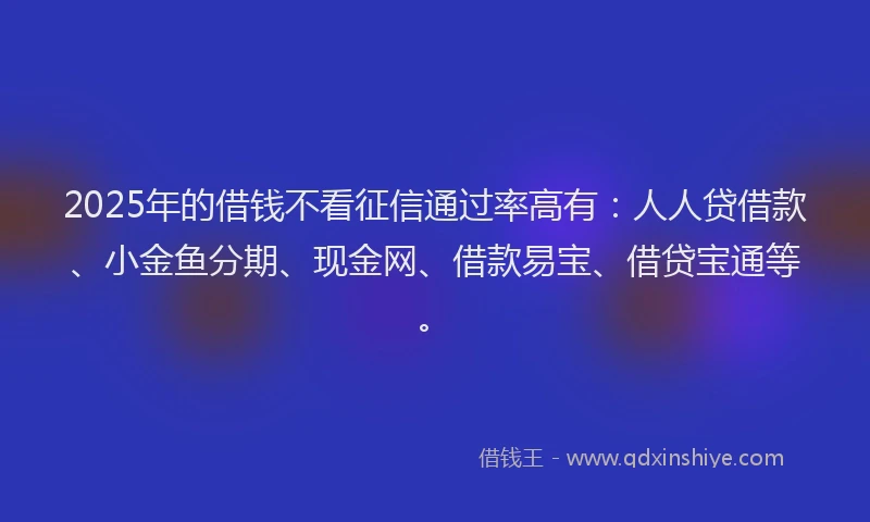 2025年的借钱不看征信通过率高有：人人贷借款、小金鱼分期、现金网、借款易宝、借贷宝通等。
