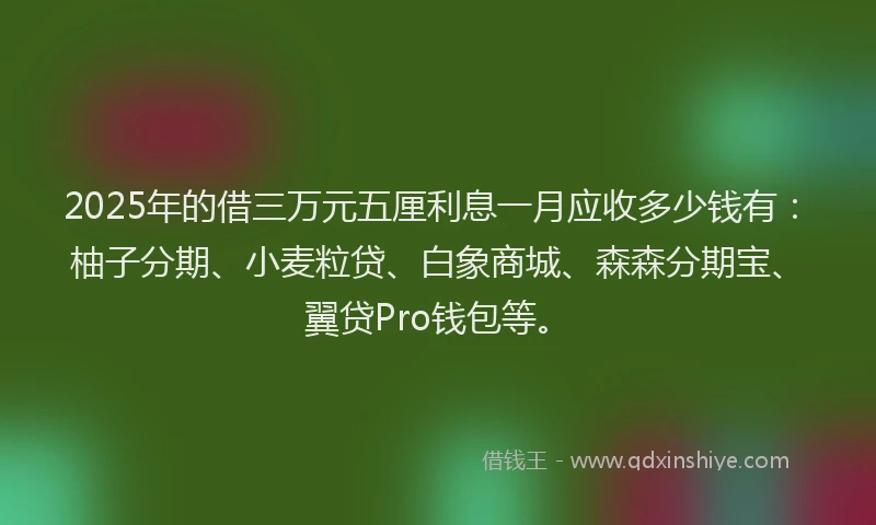 2025年的借三万元五厘利息一月应收多少钱有：柚子分期、小麦粒贷、白象商城、森森分期宝、翼贷Pro钱包等。