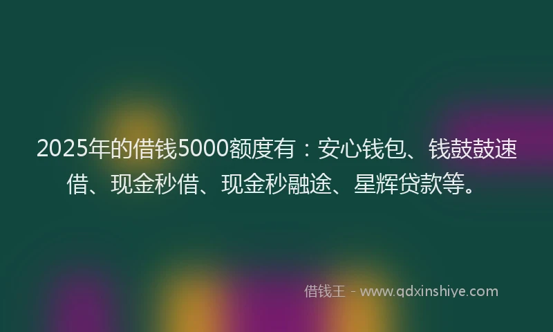 2025年的借钱5000额度有：安心钱包、钱鼓鼓速借、现金秒借、现金秒融途、星辉贷款等。