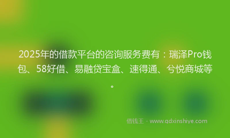 2025年的借款平台的咨询服务费有：瑞泽Pro钱包、58好借、易融贷宝盒、速得通、兮悦商城等。