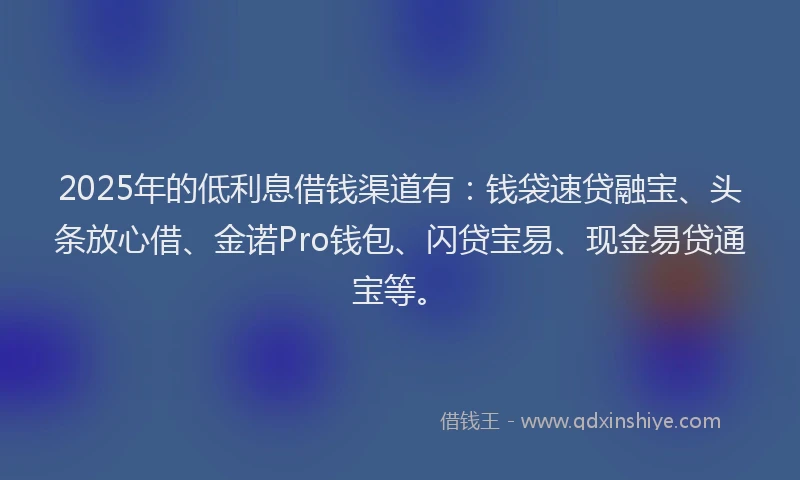 2025年的低利息借钱渠道有：钱袋速贷融宝、头条放心借、金诺Pro钱包、闪贷宝易、现金易贷通宝等。
