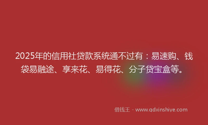 2025年的信用社贷款系统通不过有：易速购、钱袋易融途、享来花、易得花、分子贷宝盒等。