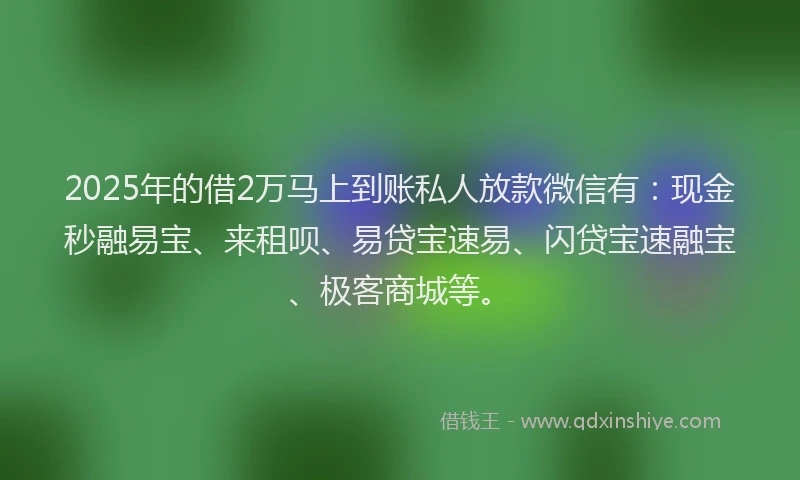 2025年的借2万马上到账私人放款微信有：现金秒融易宝、来租呗、易贷宝速易、闪贷宝速融宝、极客商城等。