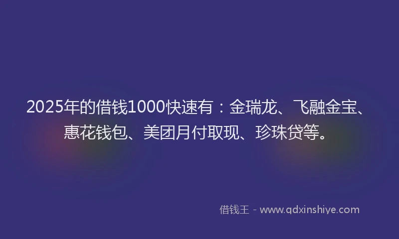 2025年的借钱1000快速有：金瑞龙、飞融金宝、惠花钱包、美团月付取现、珍珠贷等。
