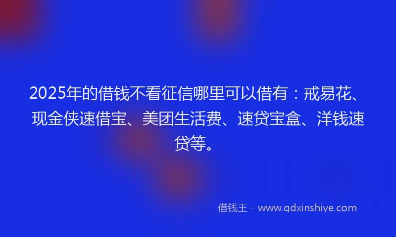 2025年的借钱不看征信哪里可以借有：戒易花、现金侠速借宝、美团生活费、速贷宝盒、洋钱速贷等。
