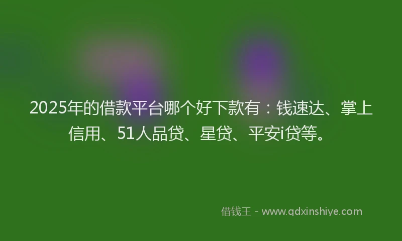2025年的借款平台哪个好下款有：钱速达、掌上信用、51人品贷、星贷、平安i贷等。
