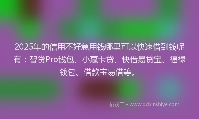 2025年的信用不好急用钱哪里可以快速借到钱呢有：智贷Pro钱包、小赢卡贷、快借易贷宝、福禄钱包、借款宝易借等。