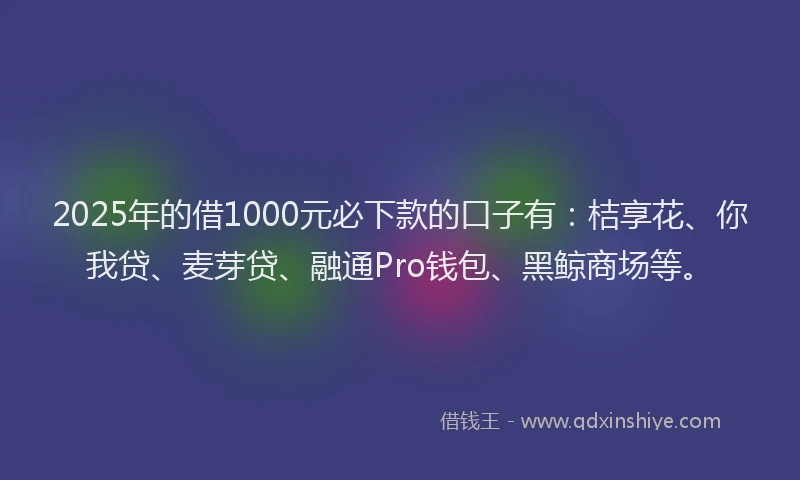 2025年的借1000元必下款的口子有：桔享花、你我贷、麦芽贷、融通Pro钱包、黑鲸商场等。