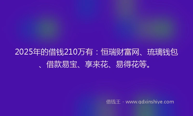 2025年的借钱210万有：恒瑞财富网、琉璃钱包、借款易宝、享来花、易得花等。